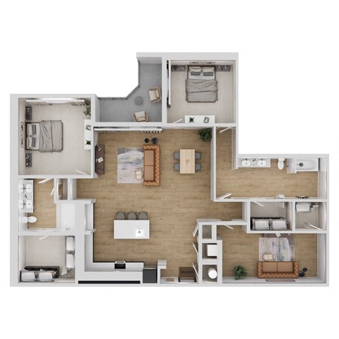 A top-down view of a house layout with a kitchen, living room, bedrooms, and bathrooms.